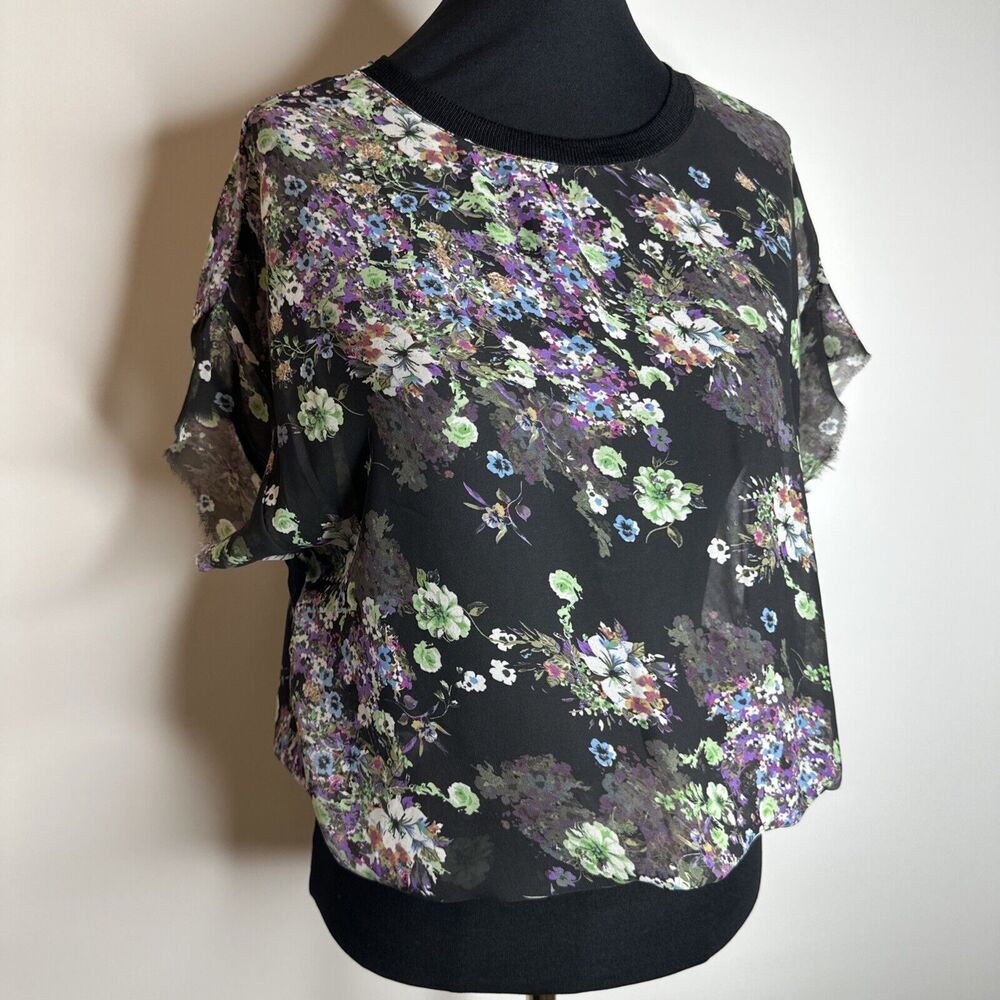 Zara WB Collection Womens Medium Black Floral Sheer Top Open Back Lightweight